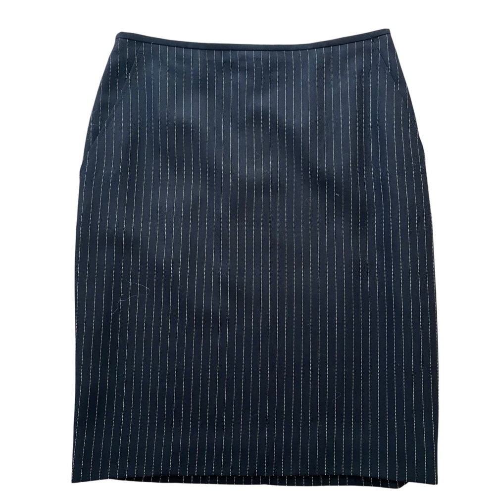 Akris Black Wool Pencil Skirt with White Pinstripes